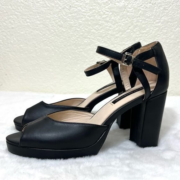 French Connection Platform Sandal Black Vegan Leather Heels Peep Toe Size 9 - Picture 1 of 13